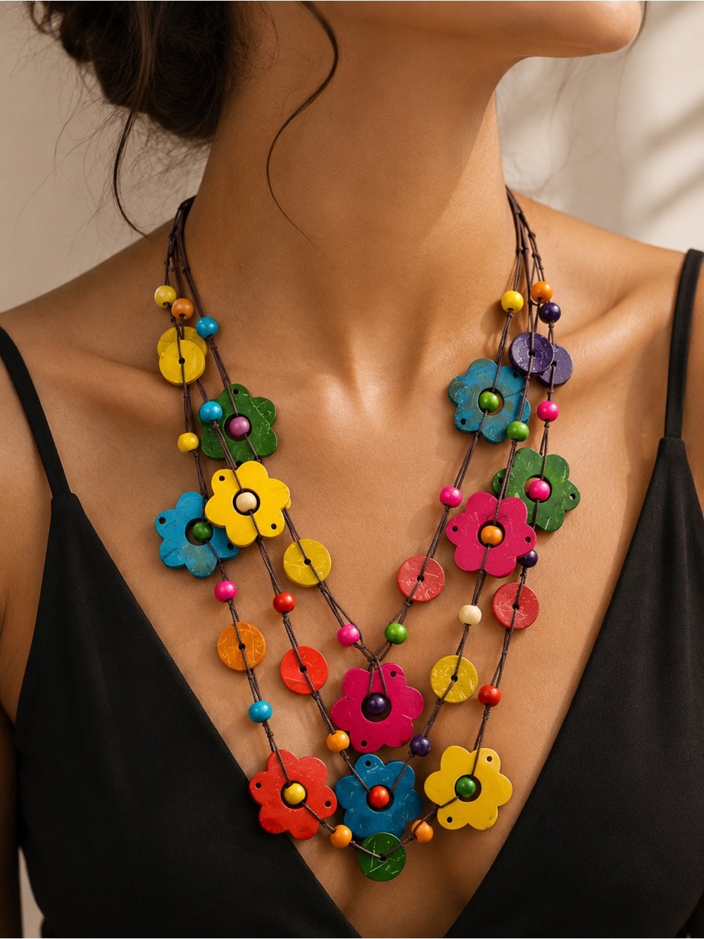 Anthropologie Vintage Colorful Multi-Strand Flower Necklace